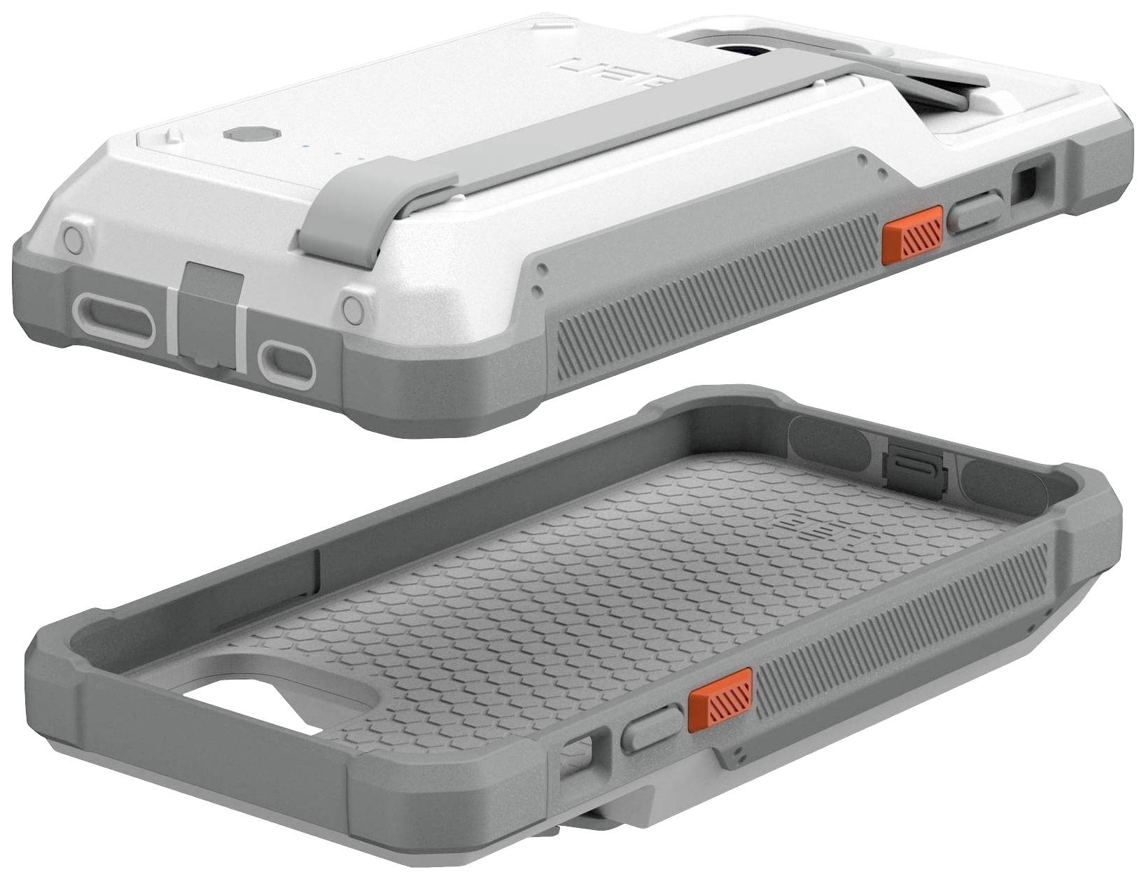 Ochranný kryt na smartphone s odolným designem, šedými hranami a oranžovými akcenty, poskytuje ochranu před nárazy a pádem.