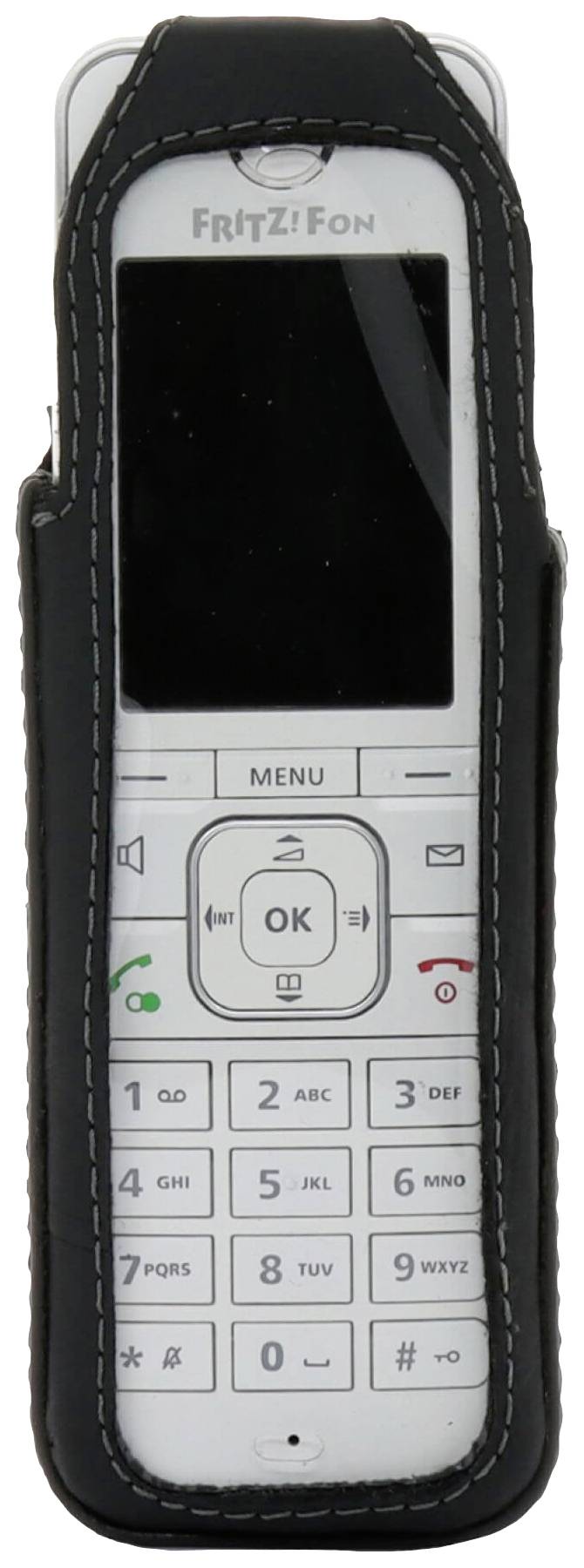 Bezdrátový telefon, částečně v černém obalu, s klávesnicí a displejem s textem 'FRITZ!Fon' nahoře.
