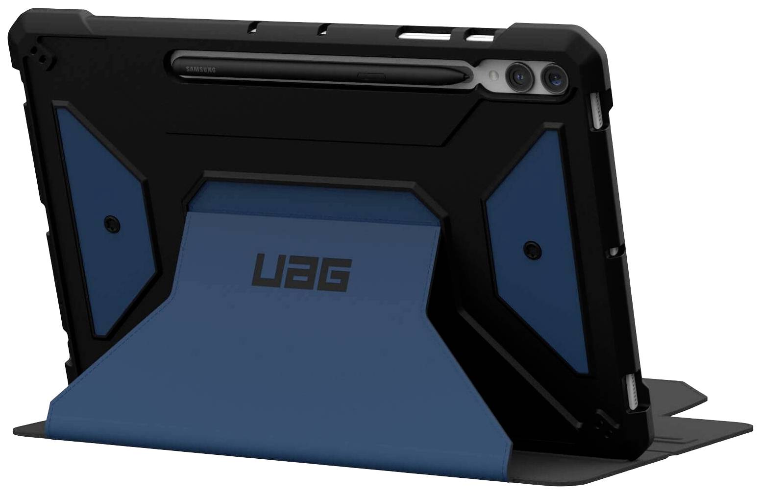 Pohled zezadu na robustní černou a modrou ochranný kryt na tablet se stojánkou. Logo značky 'UAG' viditelné uprostřed stojánky.