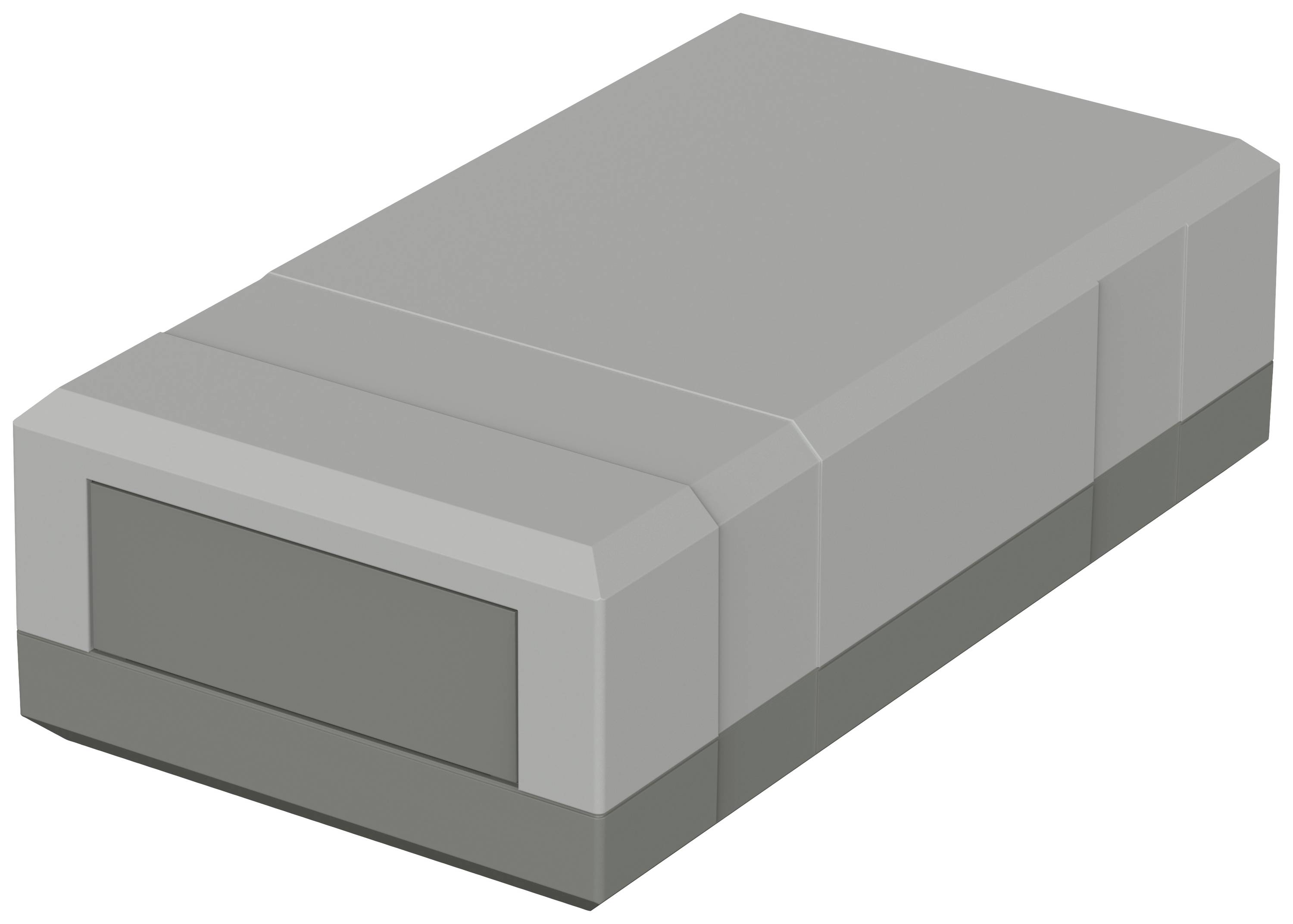 Pravoúhlý šedý box s hladkým povrchem, podobný elektronickému zařízení nebo úložnému médiu.