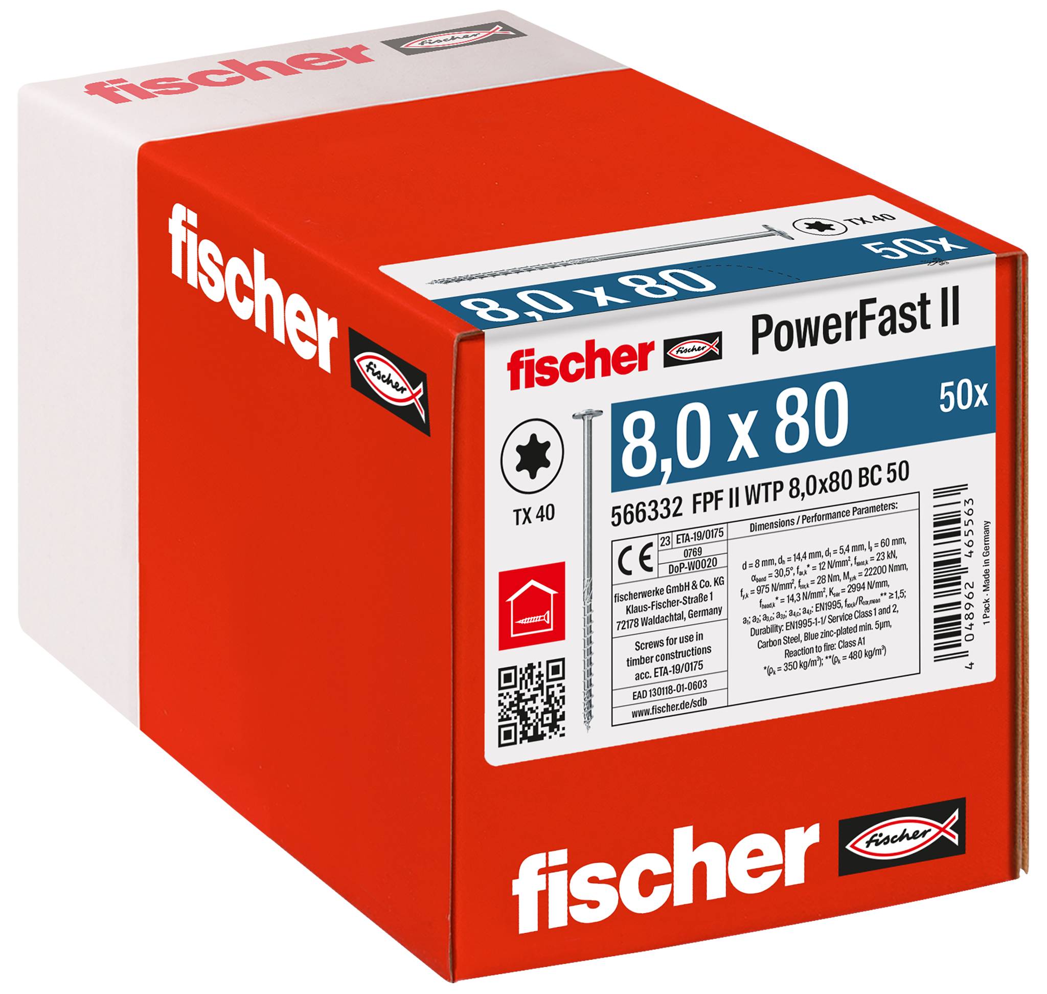 Červená krabička Red Fischer PowerFast II pro šrouby 8,0 x 80, označená 50x, zobrazená na bílém pozadí.