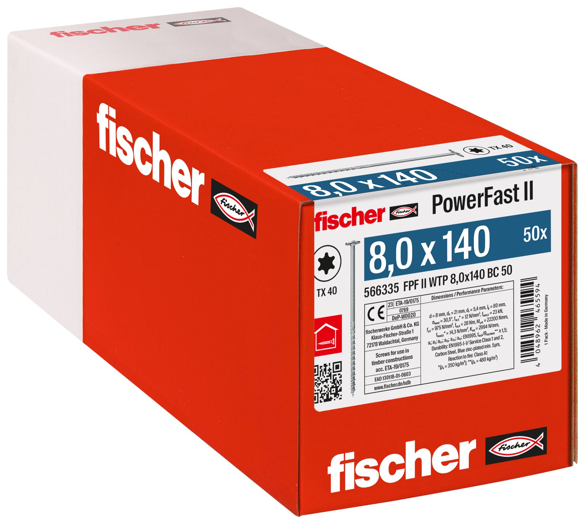 Červená krabička šroubů Fischeri PowerFast II označená 8,0 x 140, 50 kusů, s informacemi o produktu na přední straně.