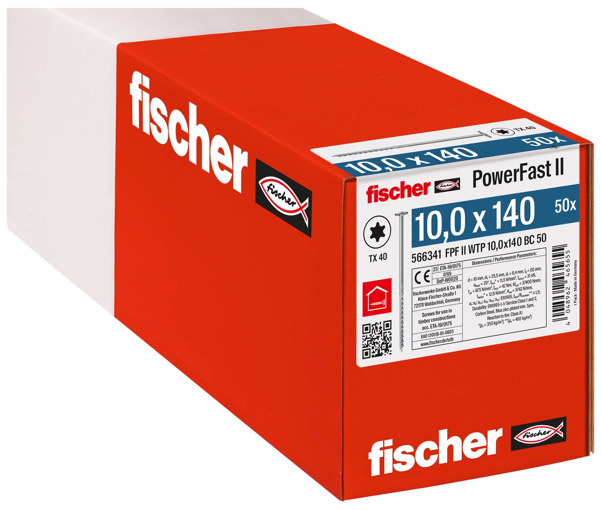Červené Fischer PowerFast II krabice obsahující 10 x 140 šroubů, na přední straně označené 50x.