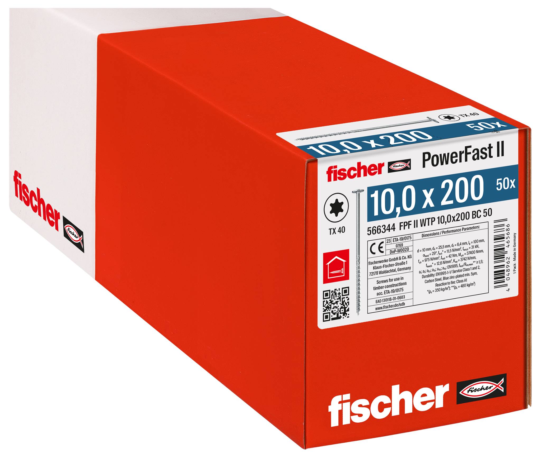 Červená krabice šroubů Red Fischer PowerFast II označená „10,0 x 200" a „50x" s podrobnostmi o produktu na přední straně.