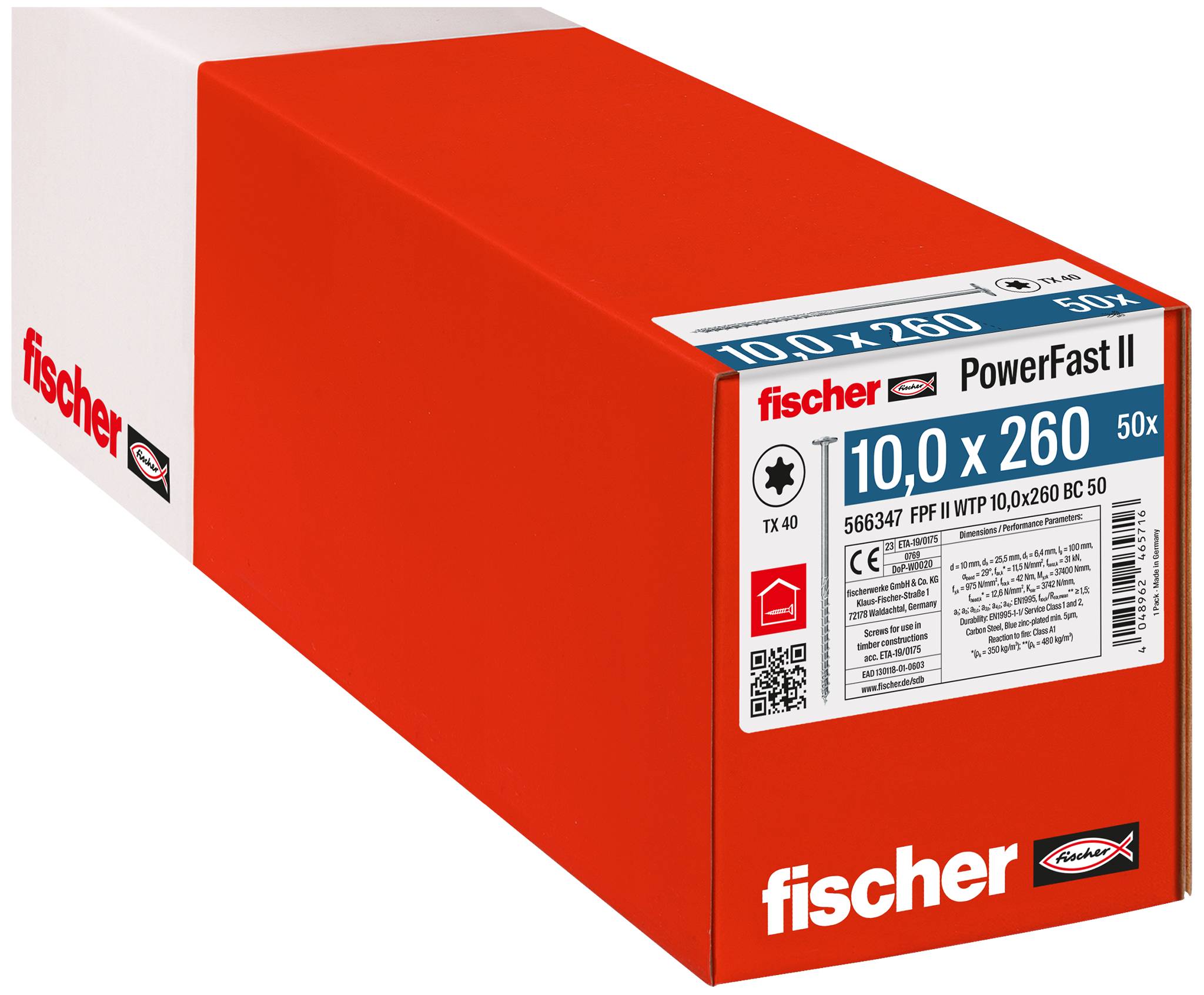 Krabice šroubů Red Fischer PowerFast II obsahující 50 kusů, označená '10.0 x 260' a 'TX 40'.