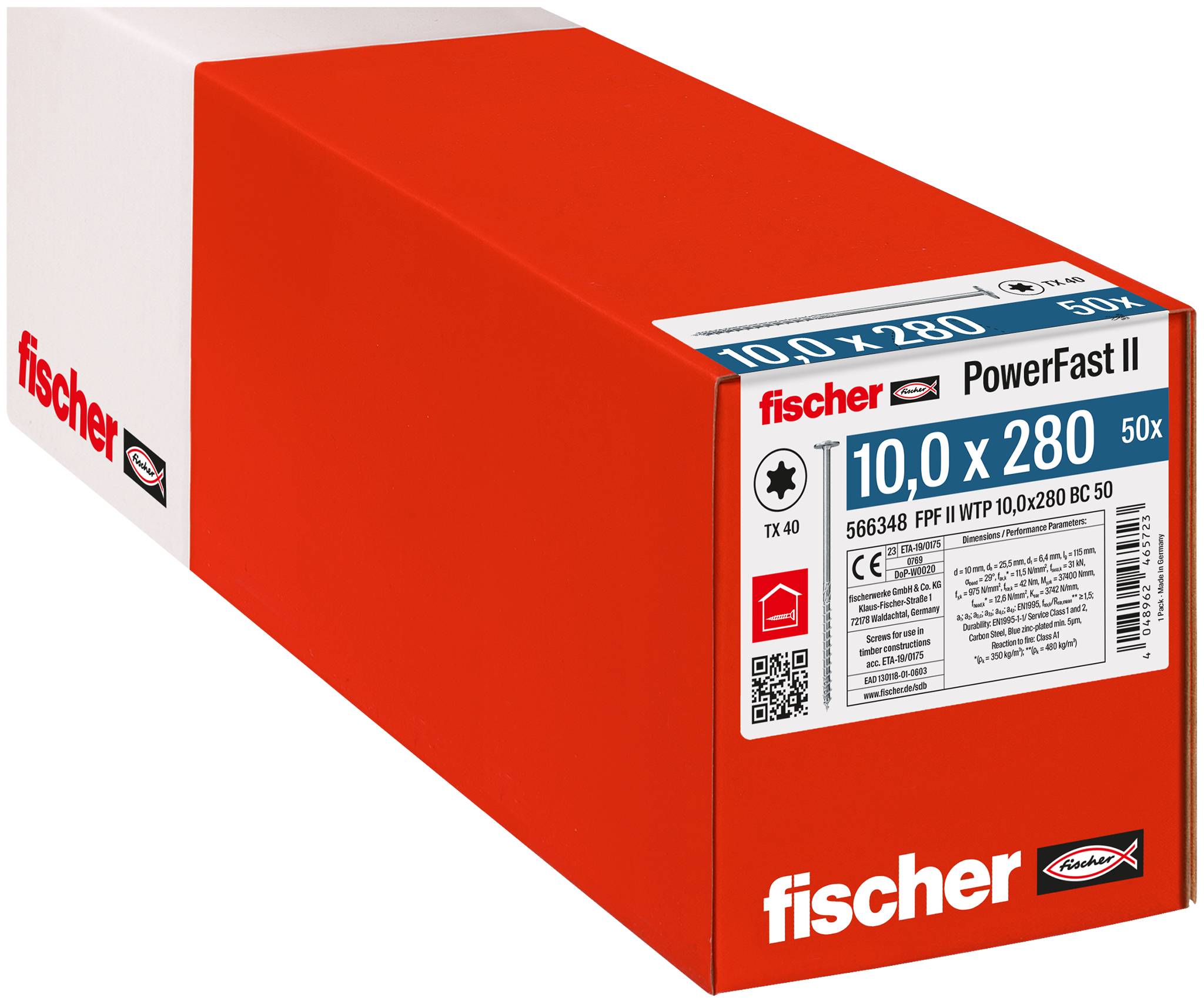 Červeno-bílá krabice šroubů Fischer PowerFast II označená '10,0 x 280' a '50x'.