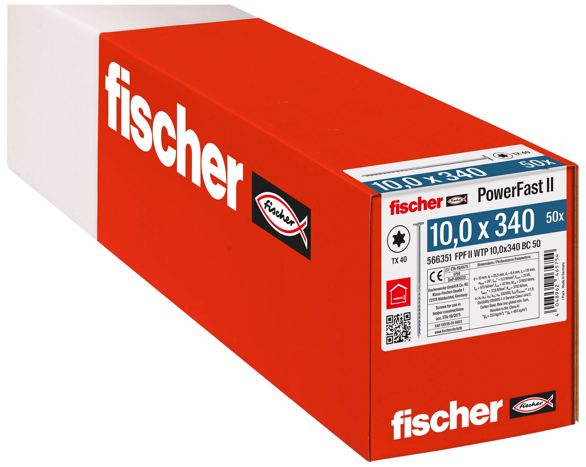 Červená krabice šroubů Red Fischer PowerFast II, označená „10,0 x 340" a „50x", zobrazená v třičtvrtečním pohledu na bílém pozadí.