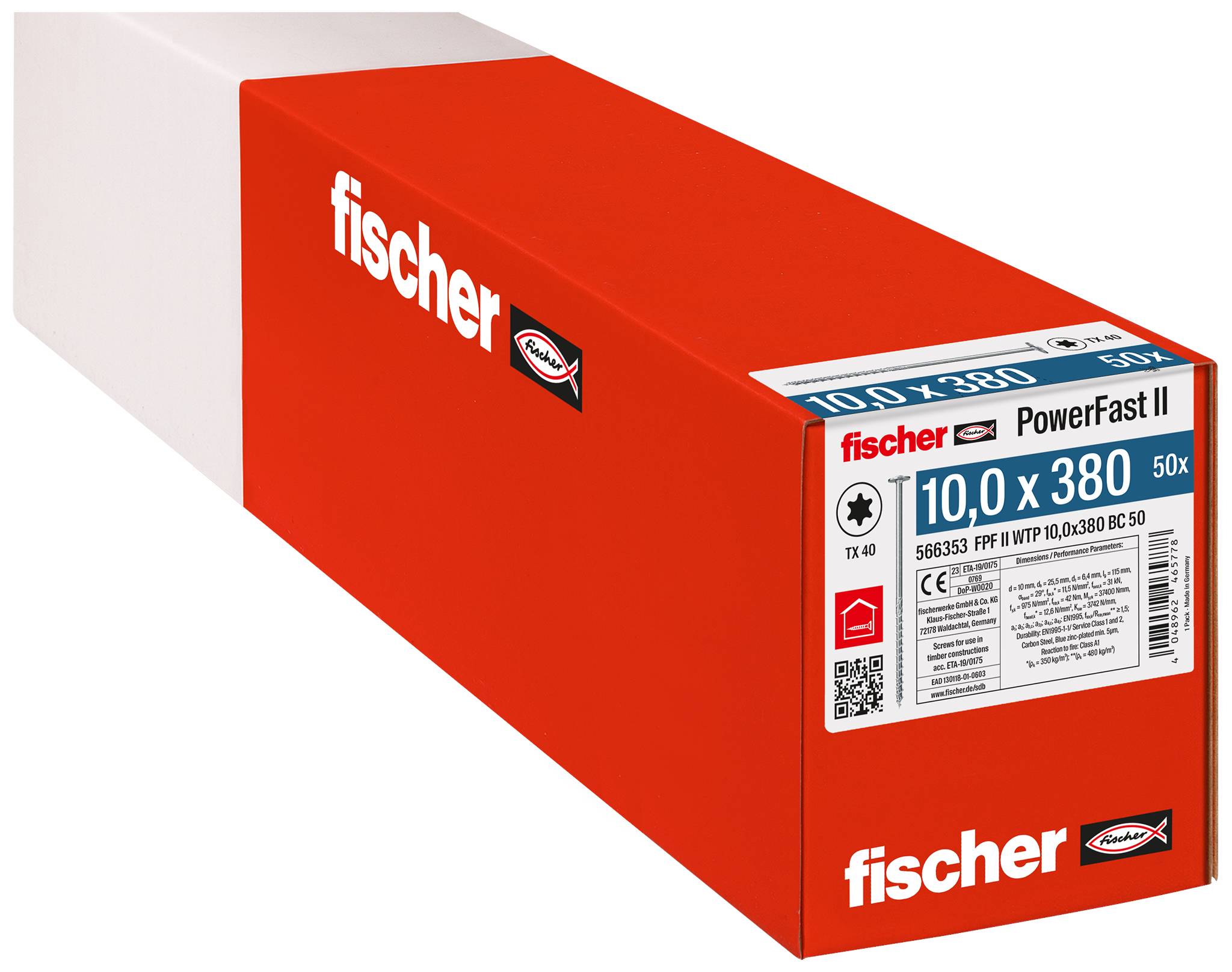 Krabice šroubů Red Fischer PowerFast II označená "10,0 x 380" a "50x" na bílém pozadí.