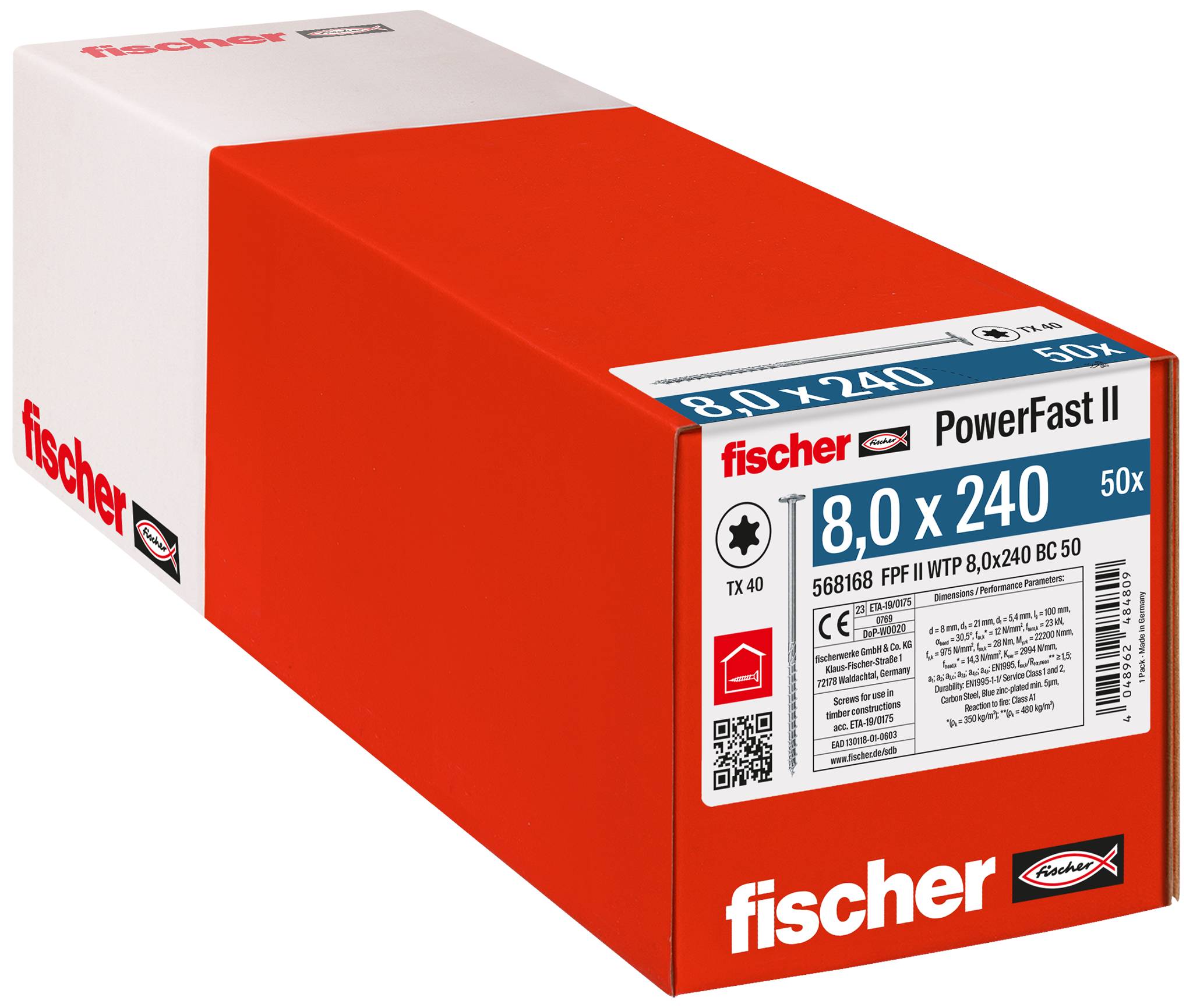 Krabice šroubů Red Fischer PowerFast II označená '8,0 x 240' a '50x' zobrazená na bílém pozadí.