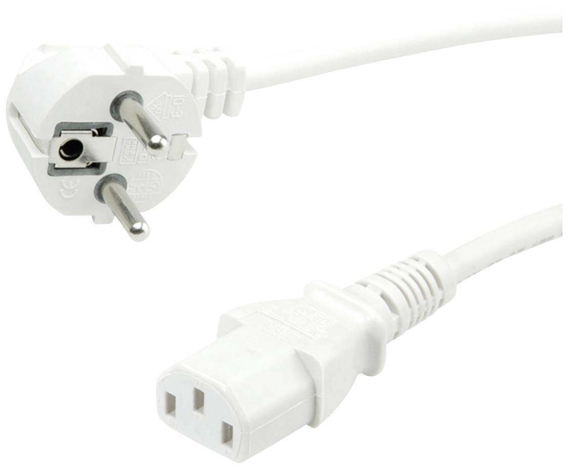 Bílý elektrický napájecí kabel s evropskou zásuvkou Schuko vlevo a bílým IEC konektorem vpravo, oba připojené k bílému kabelu.