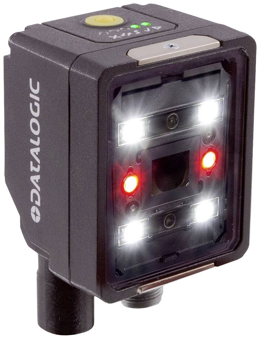 Obdélníkové elektronické zařízení s několika svítícími LED diodami na přední straně, značky 'Datalogic'.