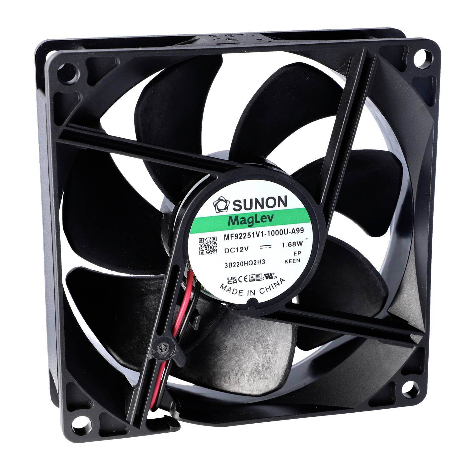 Černý ventilátor značky Sunon s nápisem 'MagLev DC12V 1.68W' na štítku zobrazuje průmyslové chladicí zařízení.