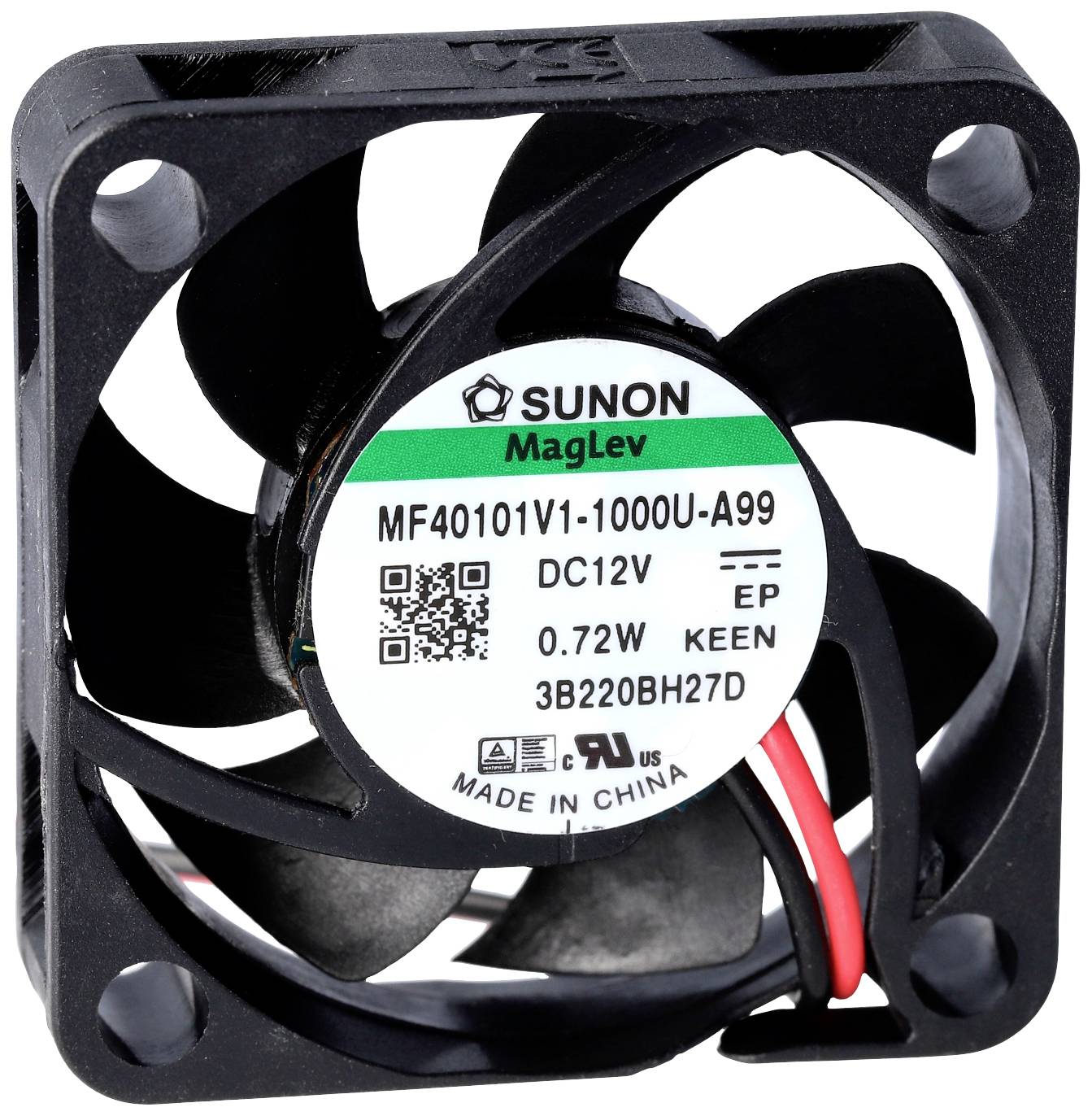 Černý počítačový ventilátor od Sunonu s čtvercovým rámečkem, štítek zobrazuje model 'MF40101V1-1000U-A99', napětí 'DC12V', výkon '0,72W'.