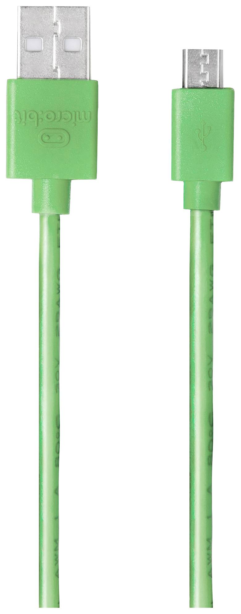 Zelený USB kabel se standardním USB konektorem na levé straně a micro-USB konektorem na straně pravé.