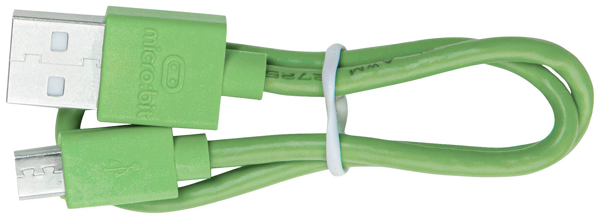 Zelený USB kabel s micro-USB konektorem, stažený bílou kabelovou páskou.
