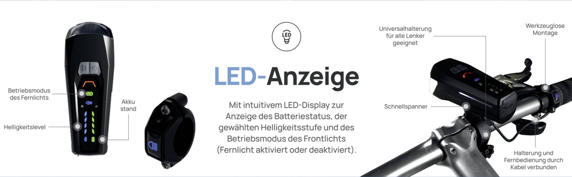 LED displej na cyklistické lampě zobrazuje stav baterie, úroveň jasu a provozní režim. Vhodné pro všechny typy řídítek, snadná montáž.
