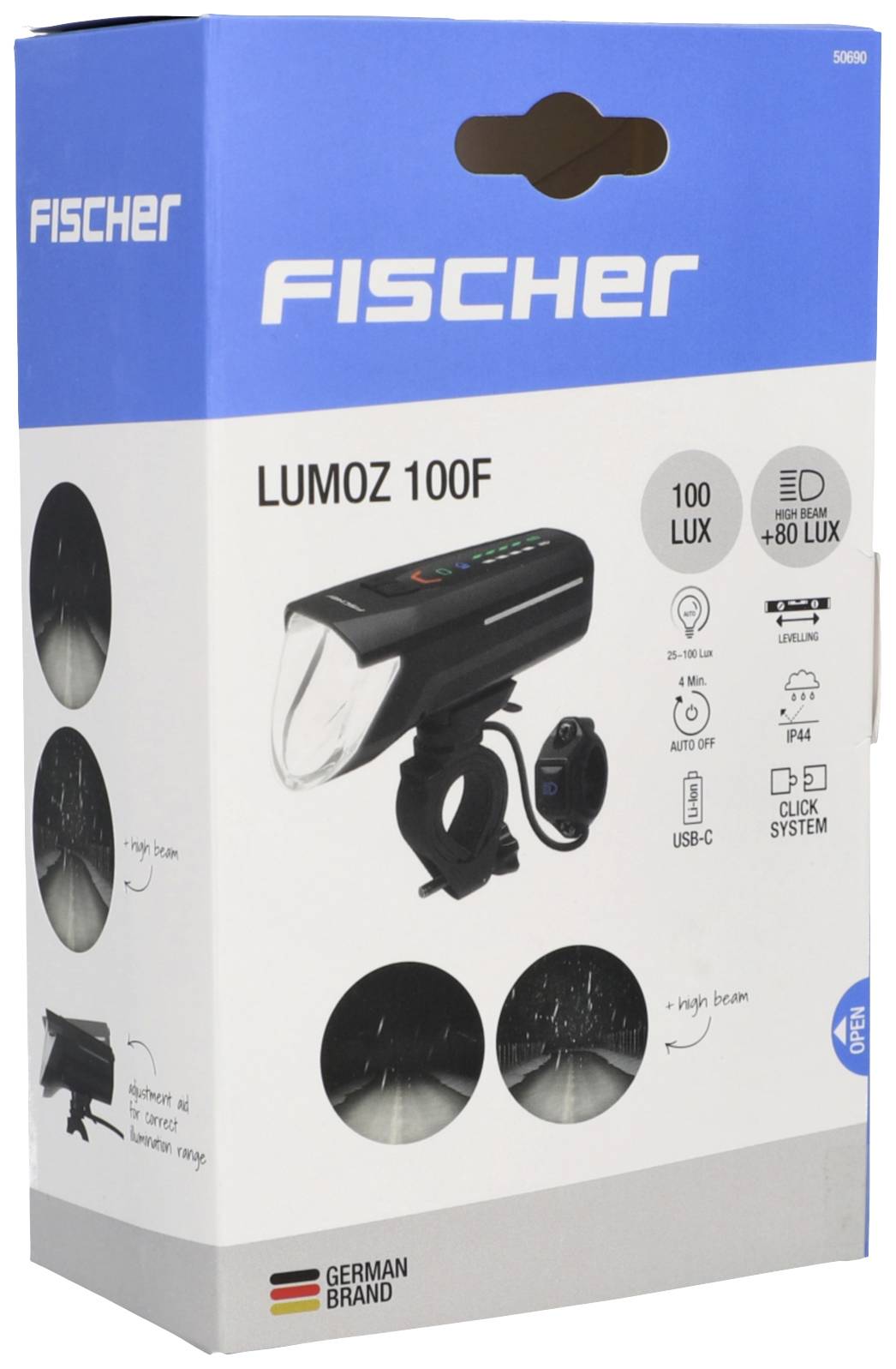 Obal cyklistické svítilny 'Fischer LUMOZ 100F' se 100 lux, USB-C připojením, ochranou IP44 a systémem snadného upevnění. Německá značka.