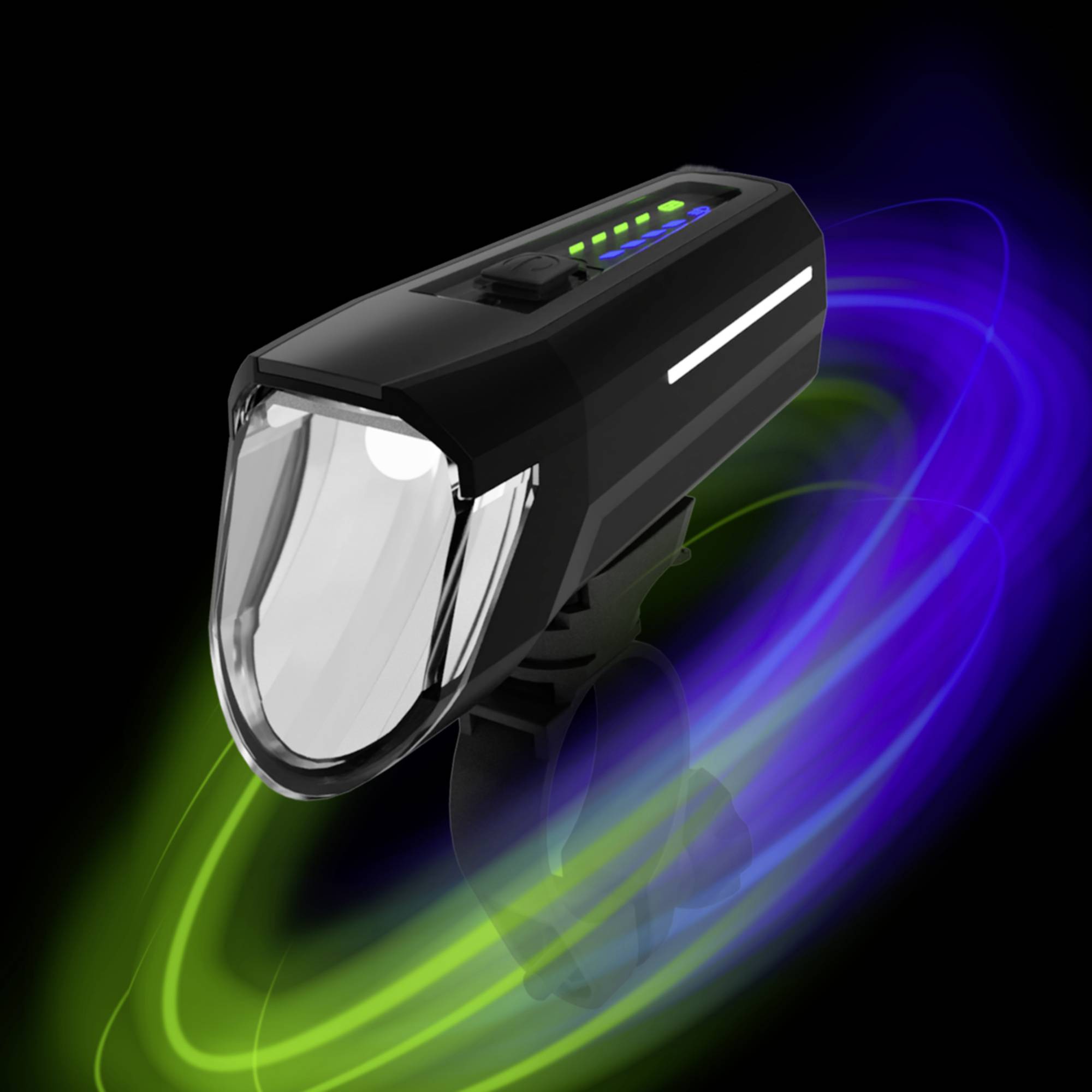 LED cyklistické světlo s barevnými světelnými víry v pozadí, zobrazující indikátor stavu baterie a moderní design.