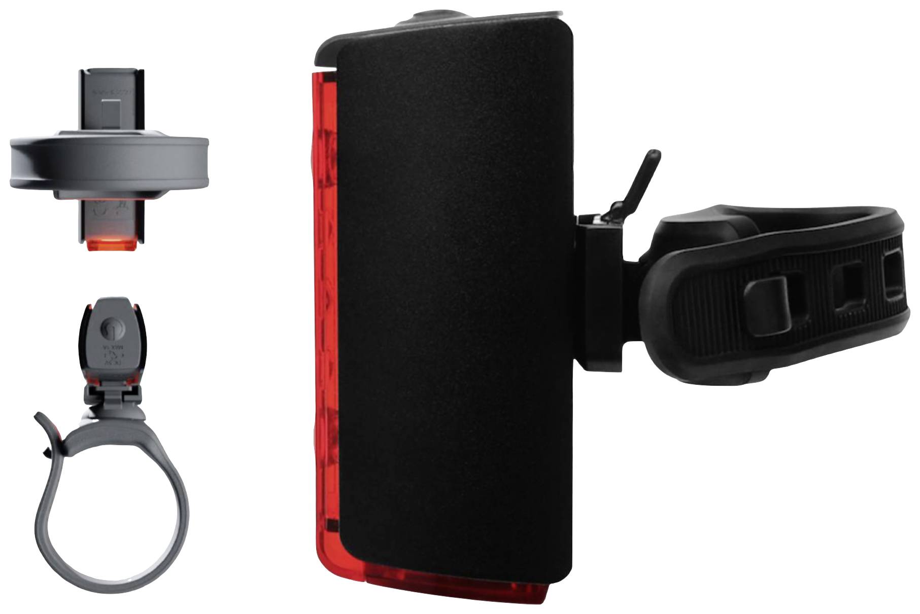 Zadní cyklistické světlo s USB nabíječkou a držákem. Zobrazuje zadní pohled na světlo a nabíjecí část.