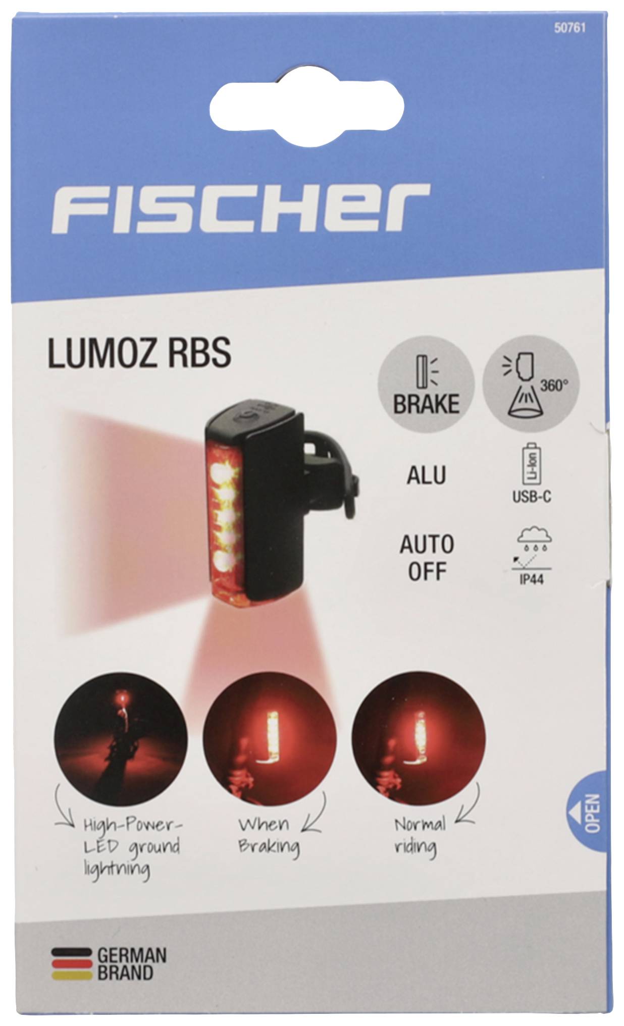 'FISCHER LUMOZ RBS' LED zadní světlo. Vlastnosti: indikace brzdění, 360° viditelnost, nabíjení přes USB-C, ochrana proti stříkající vodě (IP44).