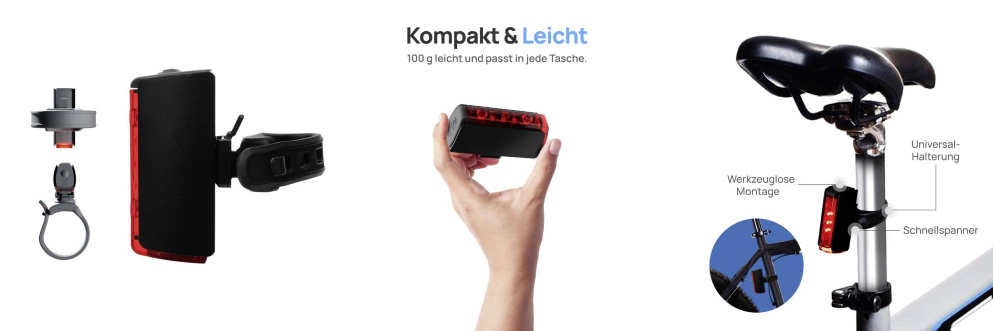 'Kompaktní & Lehké' jízdní světlo, ukazuje možnosti montáže: úchyt, rychloupínací mechanismus a přenosnost v ruce.