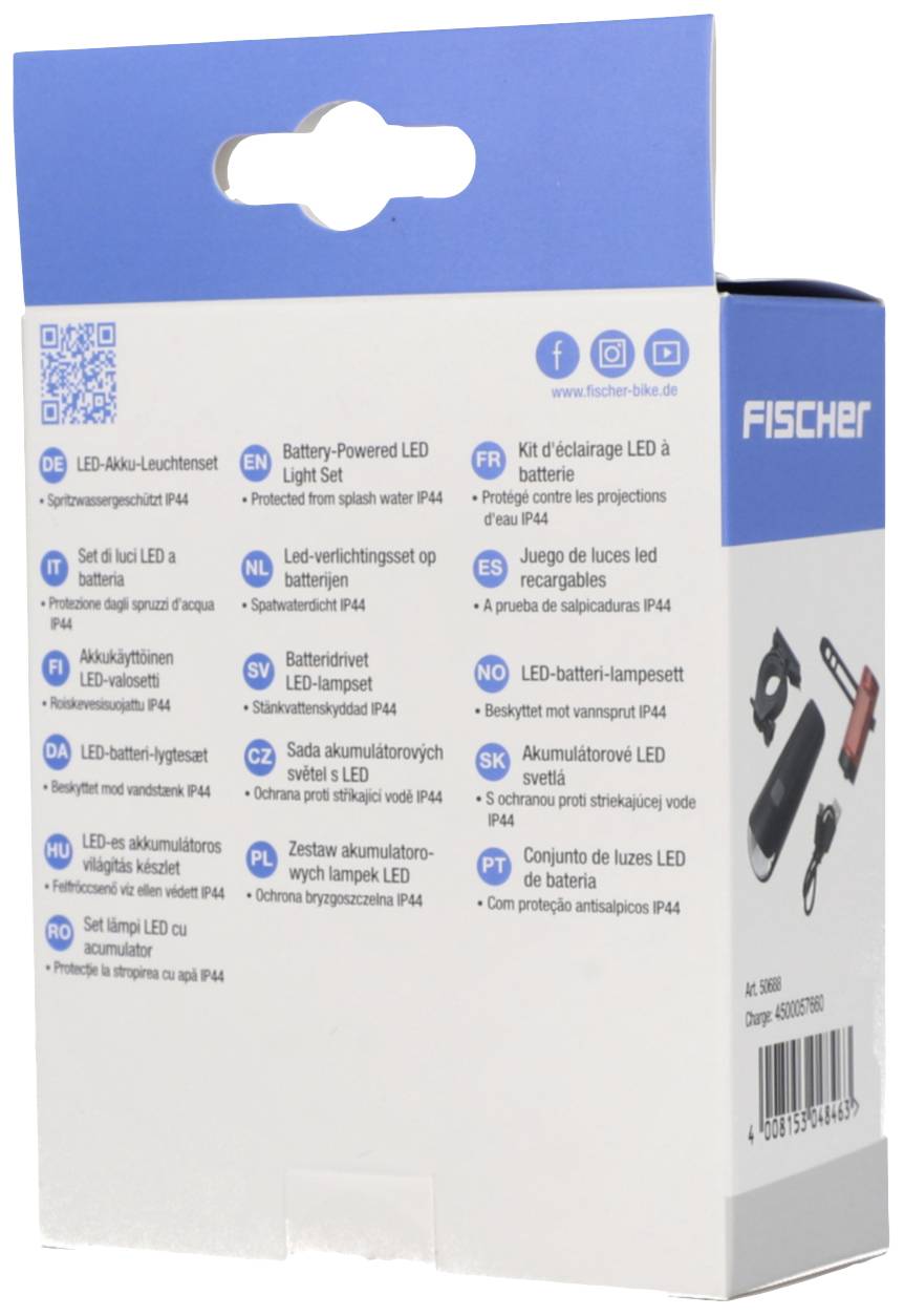 Sada LED svítidel FISCHER s akumulátorem, balení s vícejazyčnými informacemi o produktu. Obsahuje sadu LED světel napájených baterií s krytím IP44.
