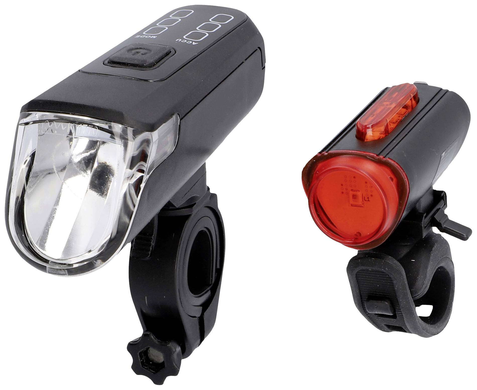Přední LED cyklistická svítilna a zadní červené zadní světlo, obě s držáky pro upevnění na řídítka kola.