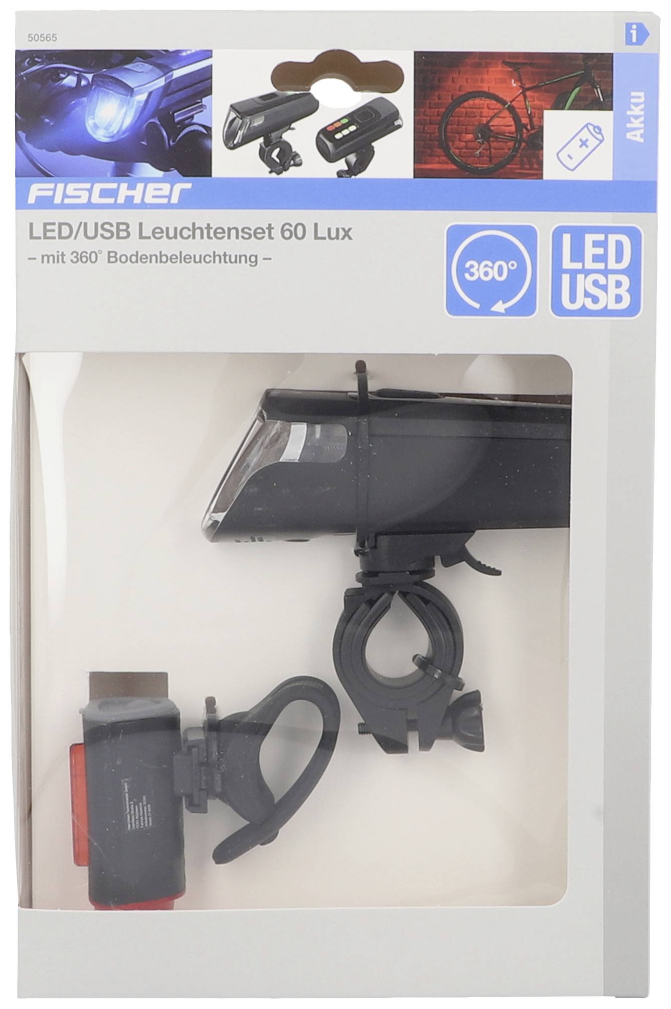 Sada osvětlení FISCHER LED/USB 60 Lux' v balení s předním a zadním světlem pro jízdní kola. Obsahuje držáky a možnost nabíjení přes USB.