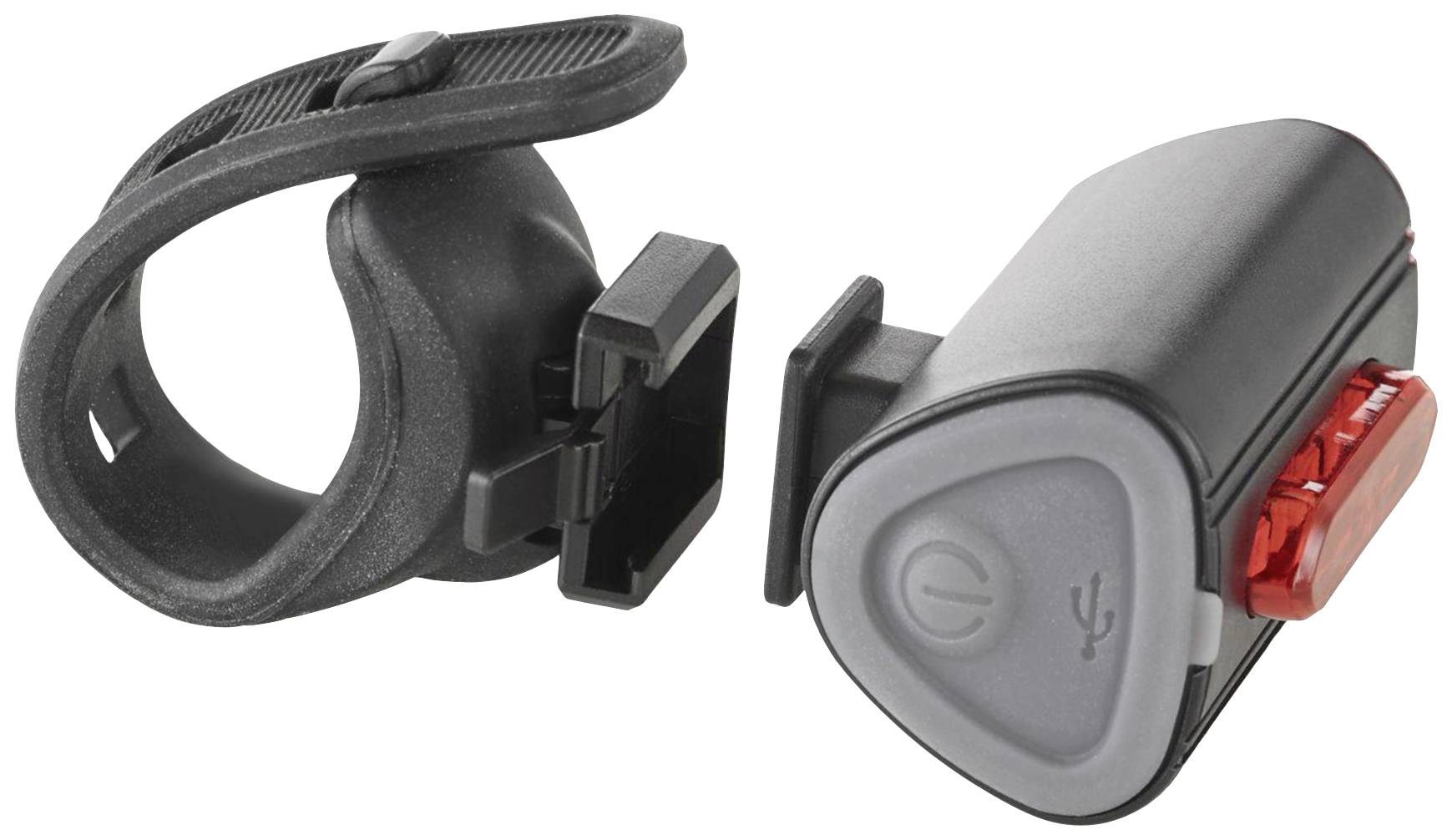 Cyklistické zadní světlo s držákem. Odnímatelné cyklistické světlo s červeným světlem a USB připojením, umístěné vedle upevňovací konzole.