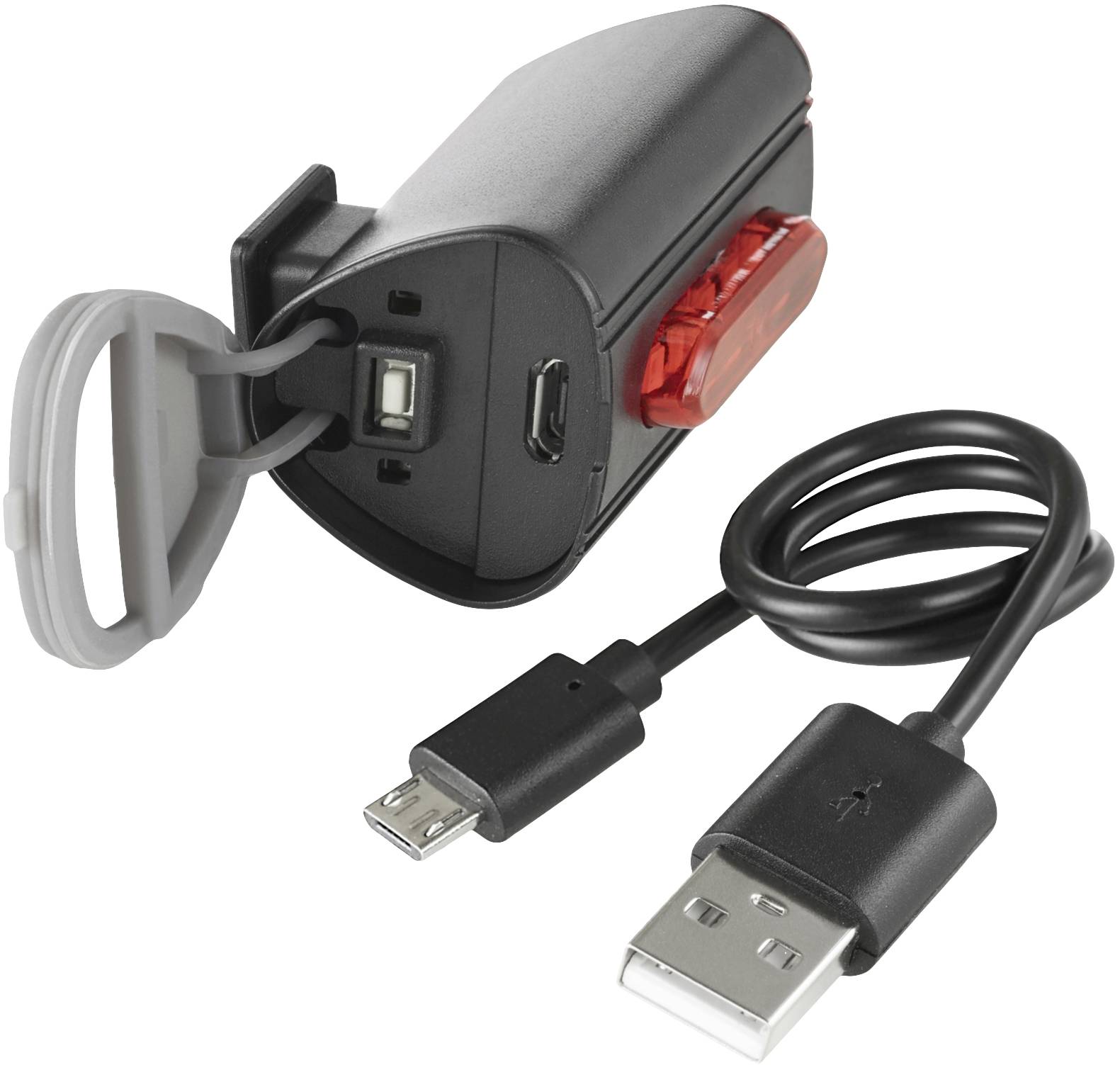 Černá přenosná powerbanka s micro-USB kabelem a USB kabelem vedle ní, připravená k připojení.