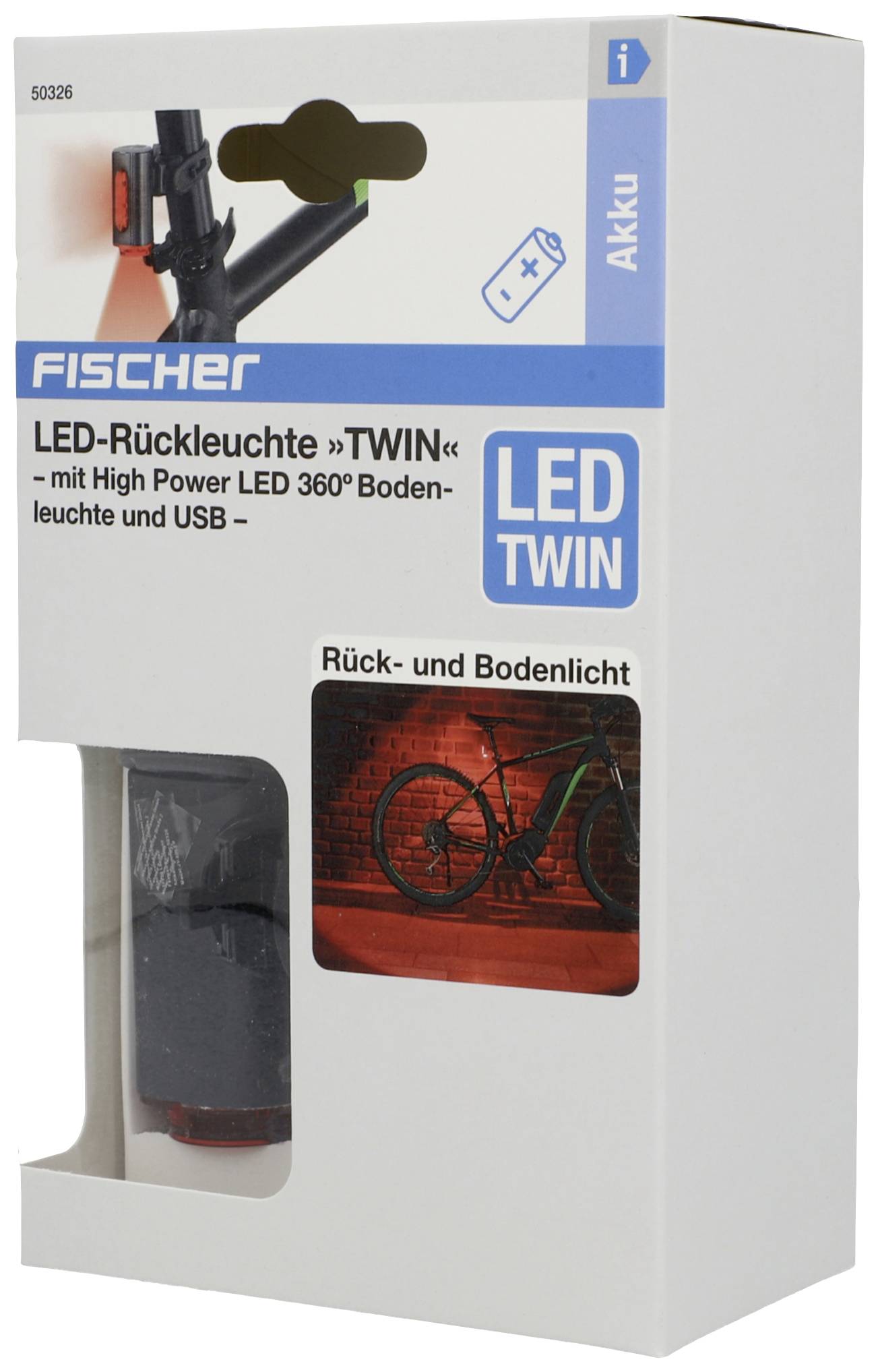 Balení zadního LED světla na kolo. Obsahuje obrázek světla namontovaného na jízdním kole a upozorňuje na funkci nabíjení přes USB.