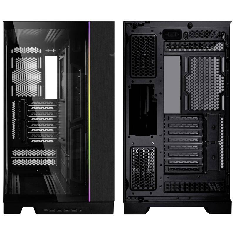 Počítačová skříň s průhlednou vnitřní stranou a pohledem zezadu. Zobrazuje instalační šachty, zadní stěnu s větracími mřížkami a RGB podsvícením.