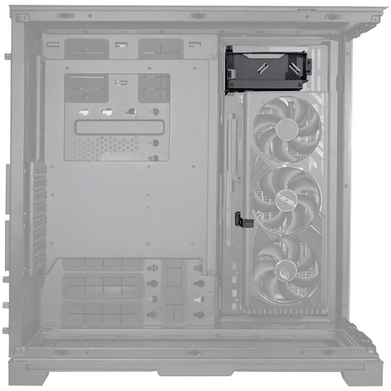 Design skříně: Prázdný PC tower zevnitř, zobrazující ventilátory a šachty pro mechaniky. Vhodný pro instalaci počítačových komponentů.