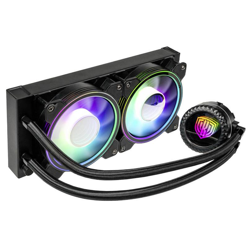 Dvouventilátor chladicí systém s RGB osvětlením a dvěma flexibilními hadicemi.
