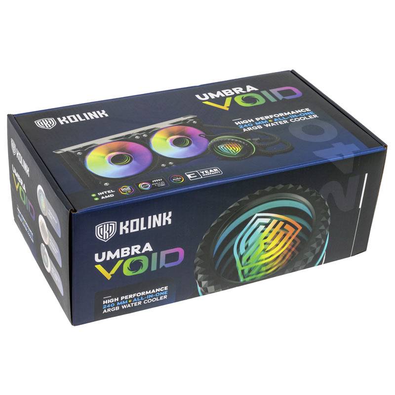 Černý obal vodního chlazení Kolink Umbra Void. Zobrazuje RGB podsvícené ventilátory. Jsou viditelné firemní díly a informace o produktu.