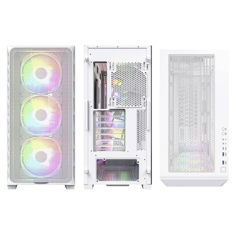 Bílý počítačový case se třemi LED osvětlenými ventilátory na přední straně, průhledné boční stěny a konektory umístěné vpředu.