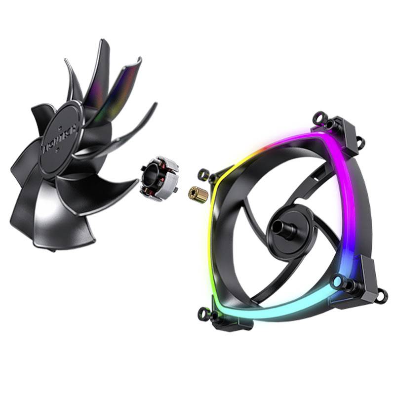 Rozložený počítačový ventilátor s RGB LED kruhem, rotačními listy, motorem a rámem na bílém pozadí.