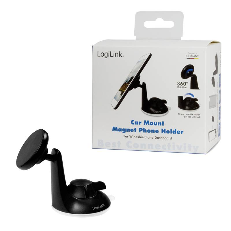 Černý magnetický držák telefonu do auta, určený pro upevnění na čelní sklo nebo palubní desku, zobrazený včetně obalu.