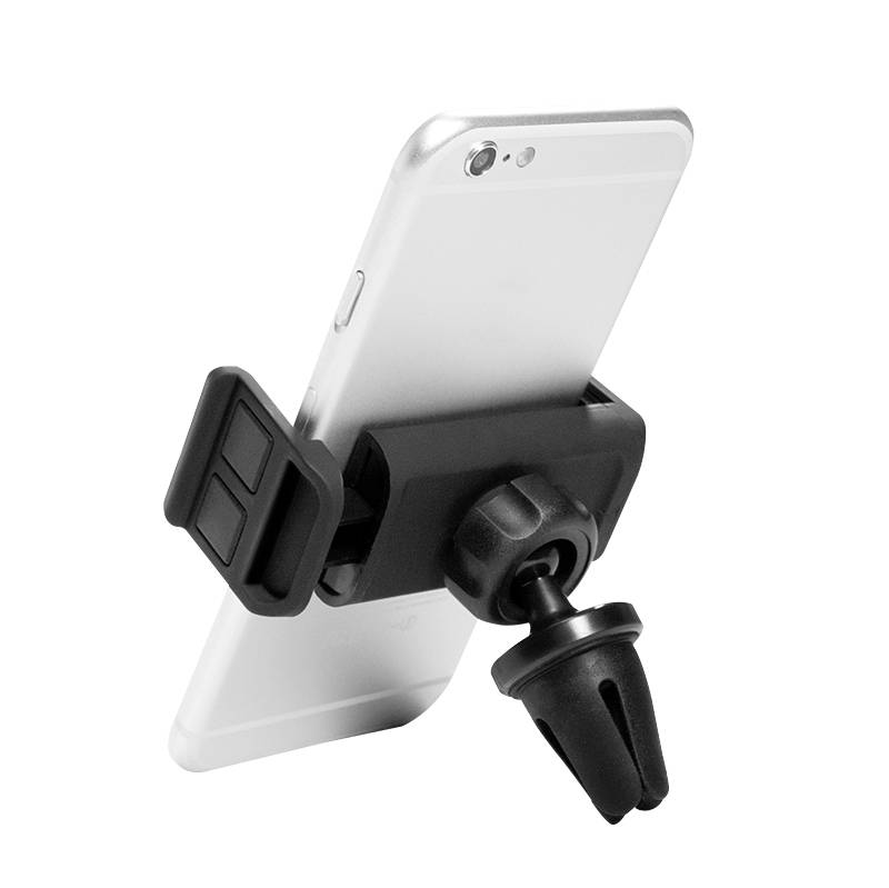 Držák smartphonu do auta, upevněný na ventilační mřížce. Smartphone je zajištěn v černém držáku.
