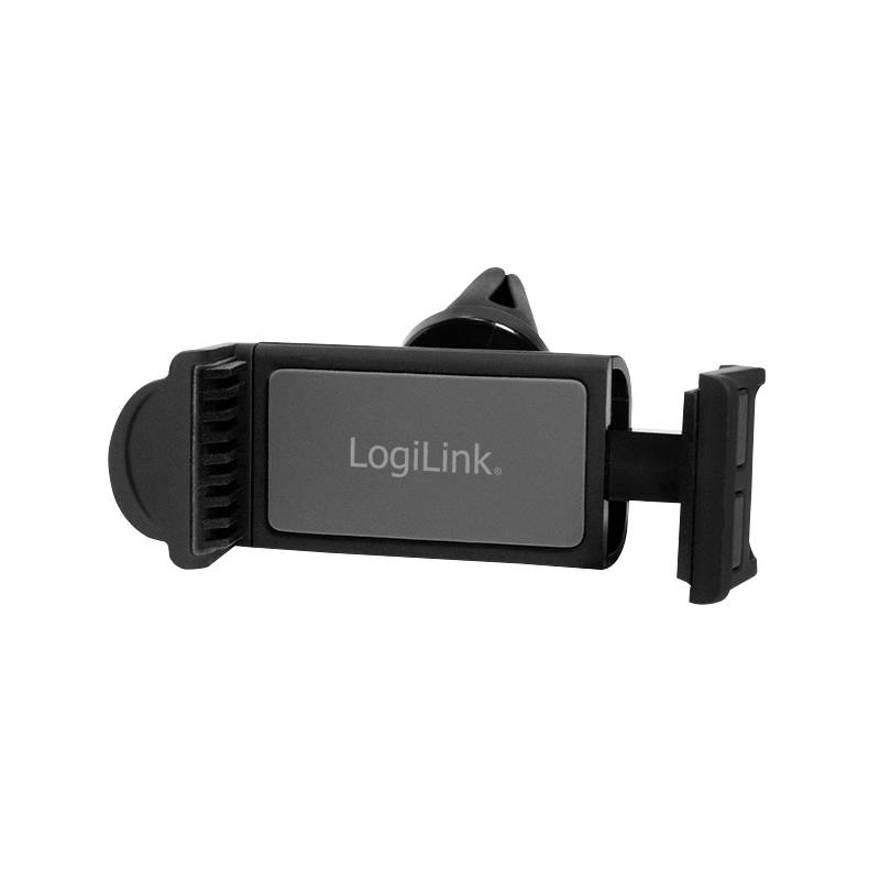 Černý držák na smartphone od společnosti LogiLink, vhodný pro upevnění na mřížku ventilace automobilu, vykazuje robustní design.