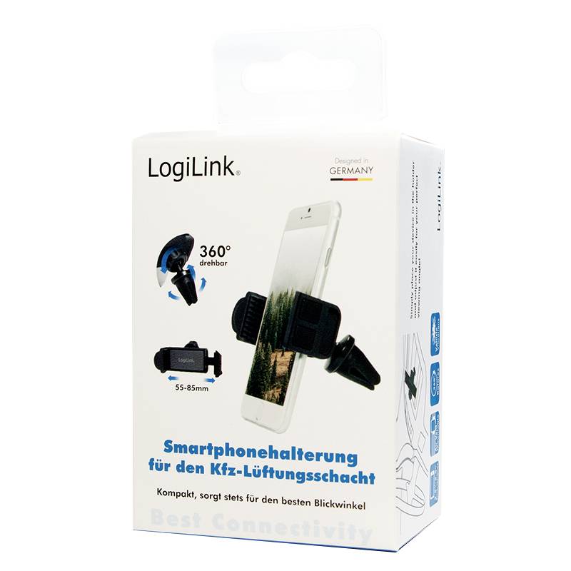Držák smartphonu do mřížky ventilace automobilu od LogiLink, otočný o 360 stupňů, vhodný pro zařízení o šířce 55-85 mm.