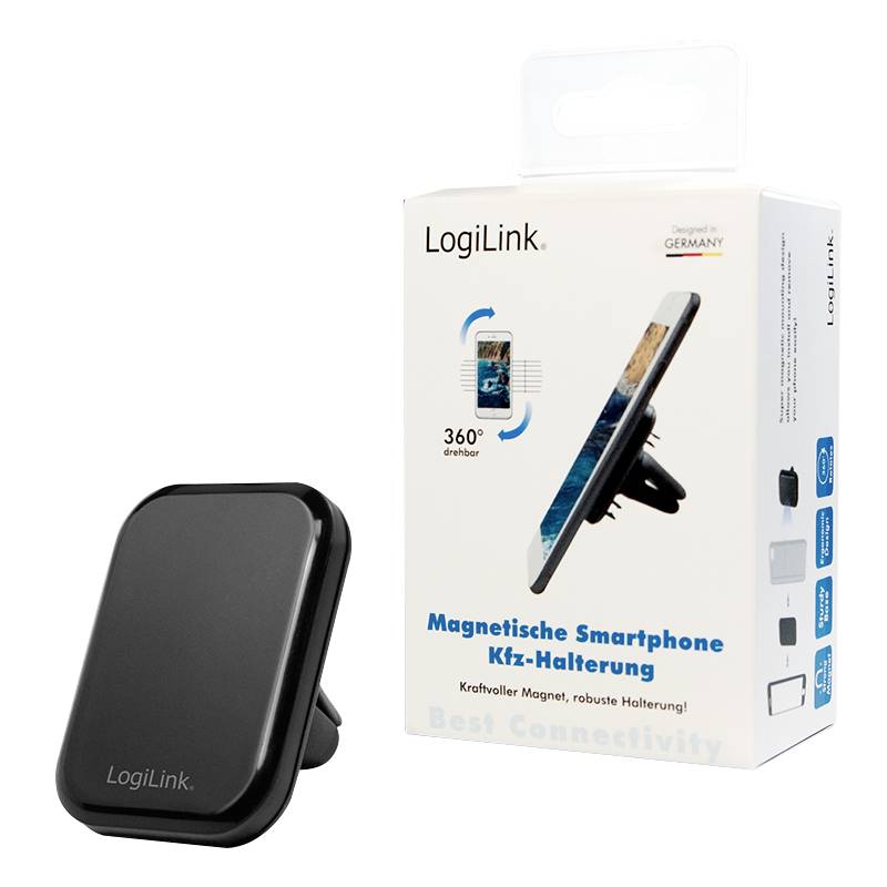 Magnetický držák smartphone do auta od LogiLinku s otočením o 360 stupňů a snadnou instalací. Obal zobrazuje obrázek produktu.