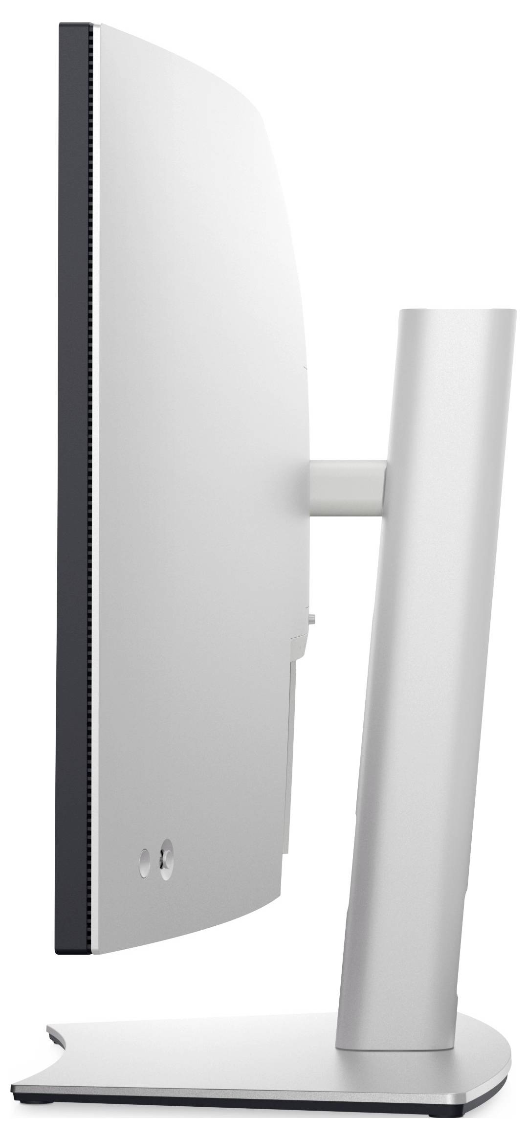 Boční pohled na štíhlý, moderní počítačový monitor se stříbrným stojanem, zdůrazňující jeho tenký profil a elegantní design.
