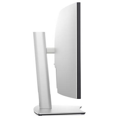 Štíhlý, bílý, moderní počítačový monitor pohledem z boku na elegantním stojanu.
