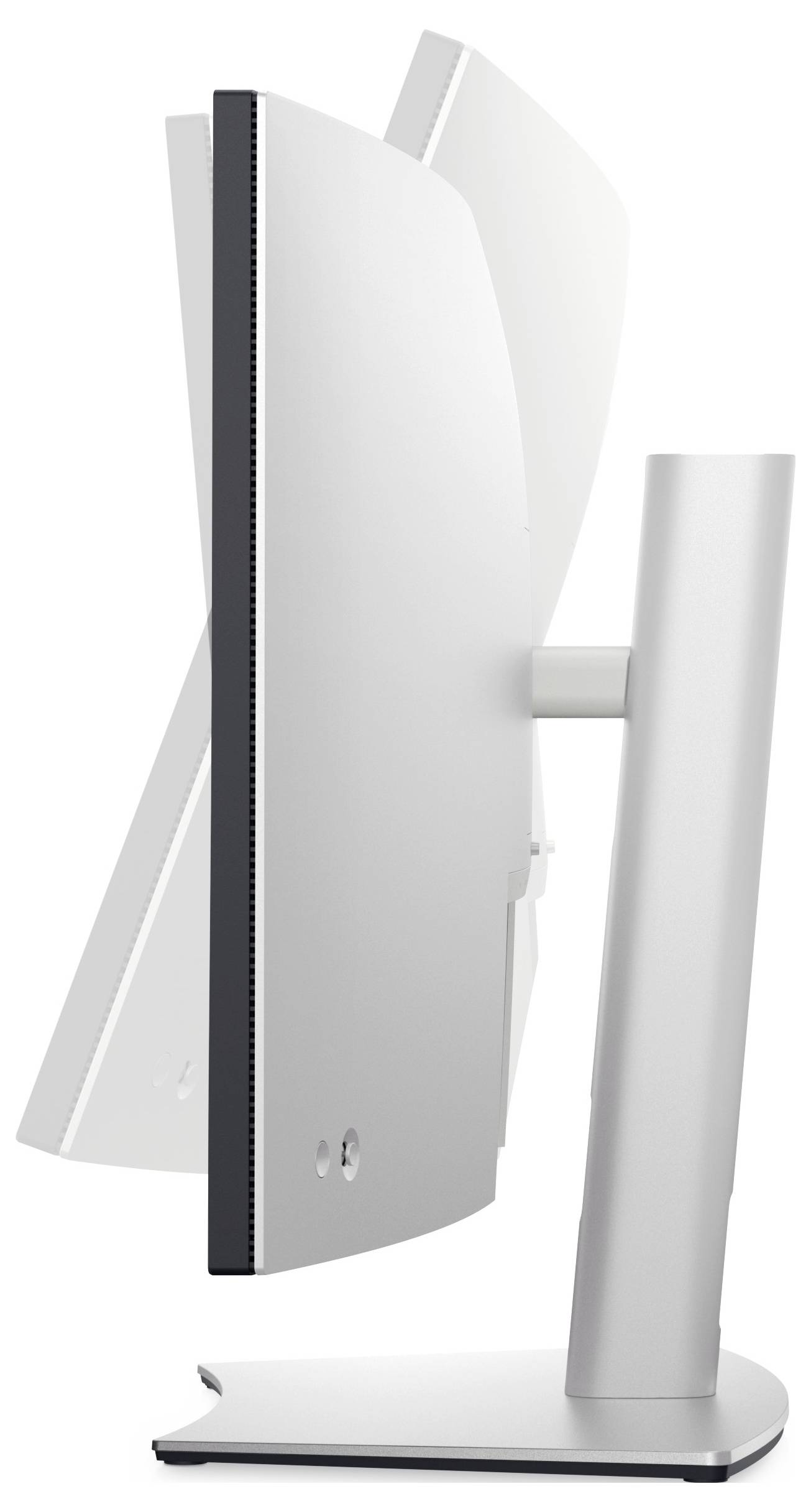 Boční pohled na moderní počítačový monitor s elegantním, tenkým designem, který ukazuje jeho nastavitelný stojan a minimalistickou estetiku.