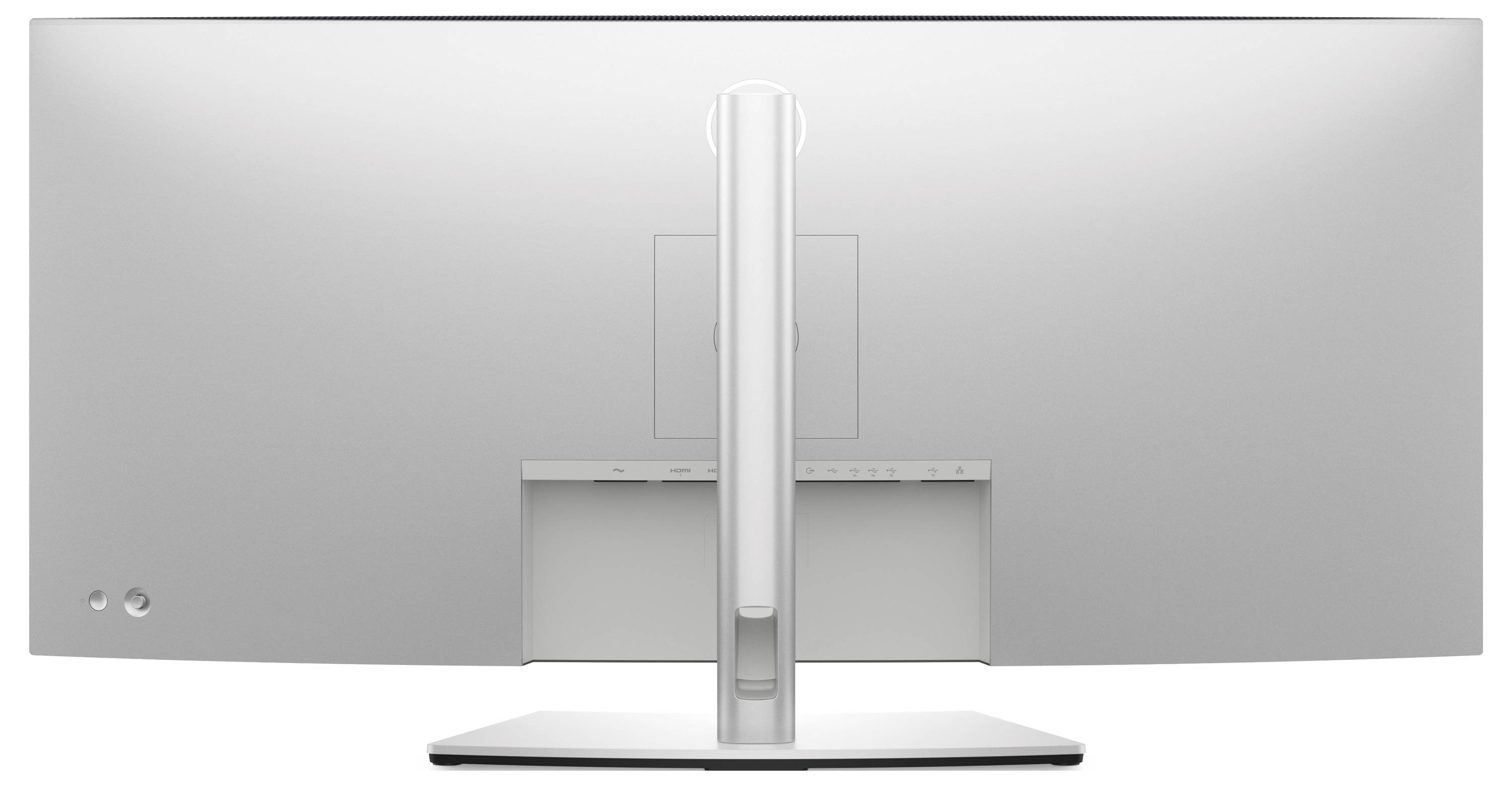 Obrázek zobrazuje pohled zezadu na širokoúhlý počítačový monitor umístěný na stojanu, s elegantním stříbrným povrchem a minimalistickým designem.