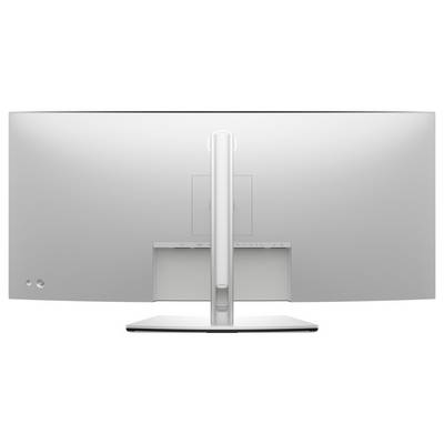 Obrázek zobrazuje pohled zezadu na širokoúhlý počítačový monitor umístěný na stojanu, s elegantním stříbrným povrchem a minimalistickým designem.