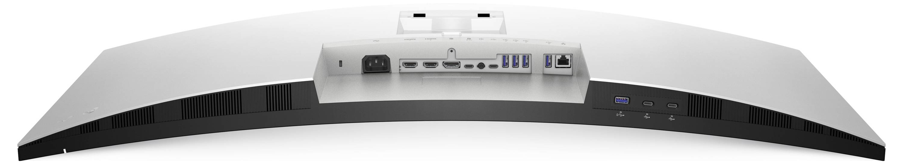 Zadní panel monitoru zobrazující různé vstupní a výstupní porty, včetně připojení HDMI, USB a Ethernet.