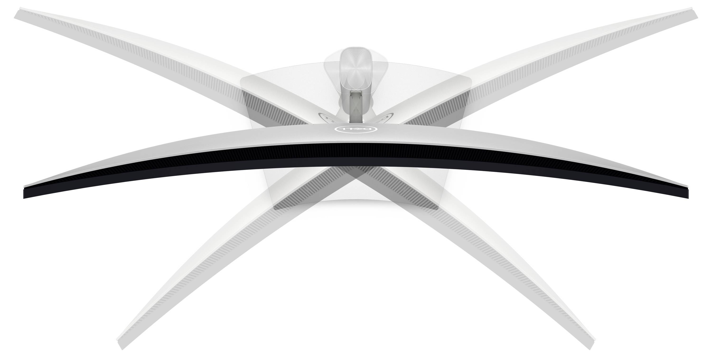 Moderní, bílý stropní ventilátor se čtyřmi zahnutými listy, upevněný na bílém pozadí, pohled zdola, zvýrazňující jeho elegantní design.