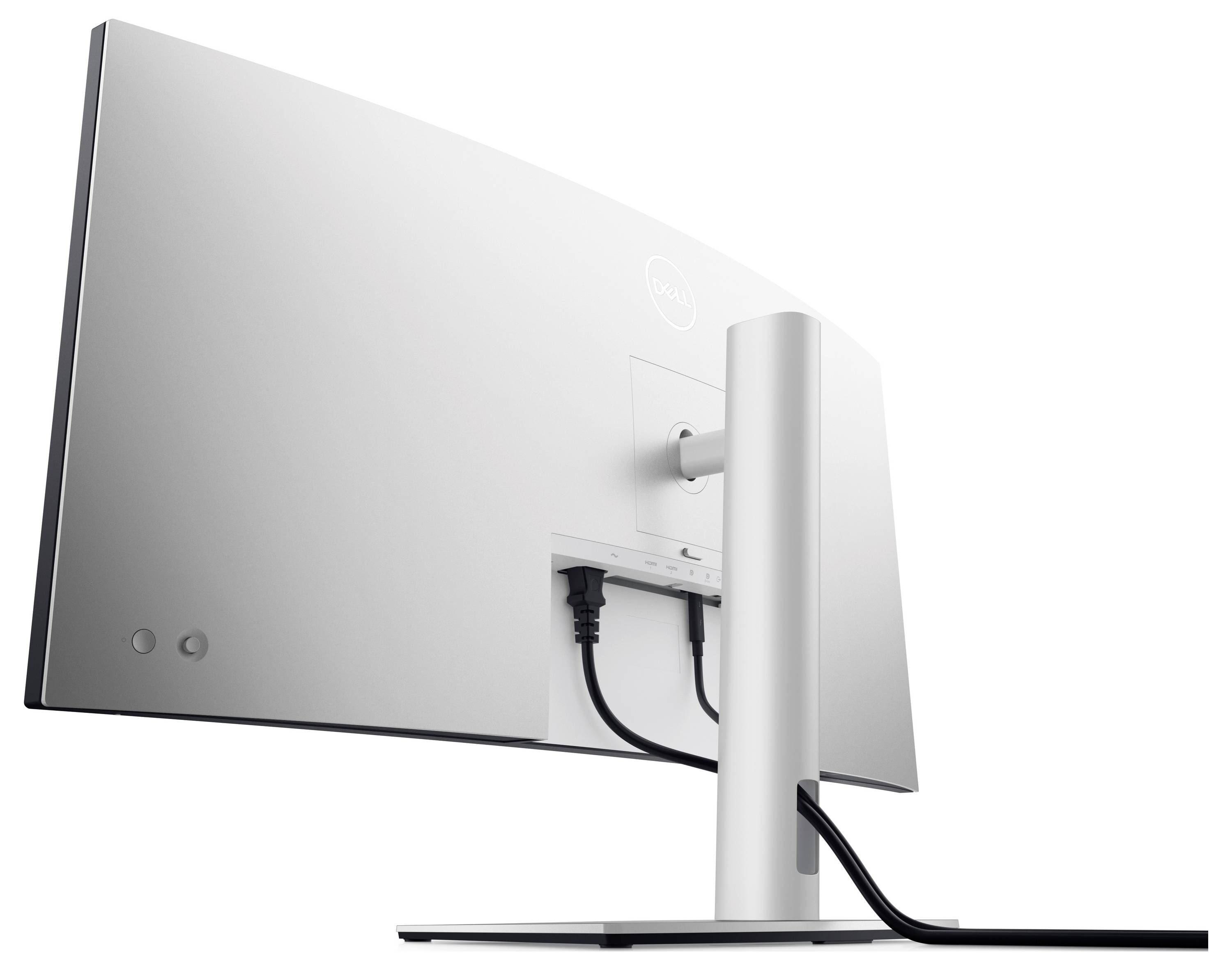 Obrázek zobrazuje zadní stranu zakřiveného počítačového monitoru umístěného na stojanu, ke kterému jsou připojeny tři kabely. Monitor má elegantní a moderní design.